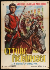 4w432 ETTORE FIERAMOSCA Italian 1p R1950 great art of Gino Servi with lance on armored horse!