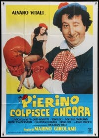 4w617 PIERINO STRIKES AGAIN Italian 1p 1982 comedian Alvaro Vitali holding tiny sexy Michela Miti!