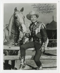 4x868 ROY ROGERS signed 8x10 REPRO still 1980s best close portrait standing with Trigger by fence!