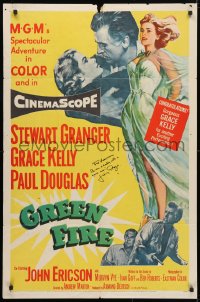 4x059 GREEN FIRE signed 1sh 1954 by Stewart Granger, full-length art of wind-blown Grace Kelly!