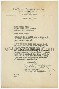 4x109 WALTER SELTZER signed letter 1952 sending a still & biography of Burt Lancaster to a fan!