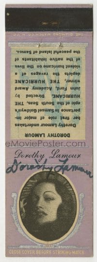 4x159 DOROTHY LAMOUR signed 2x5 matchbook cover 1937 cool tiny ad for The Hurricane with her photo!