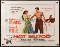 4y808 HOT BLOOD style A 1/2sh 1956 great image of barechested Cornel Wilde grabbing Jane Russell!