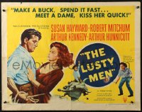4y857 LUSTY MEN style A 1/2sh 1952 Robert Mitchum with sexy Susan Hayward & riding bull!