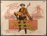 4y985 WESTWARD HO THE WAGONS 1/2sh 1957 artwork of cowboy Fess Parker holding Native American!