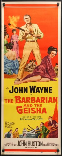 4y463 BARBARIAN & THE GEISHA insert 1958 John Huston, art of John Wayne with torch & Eiko Ando!