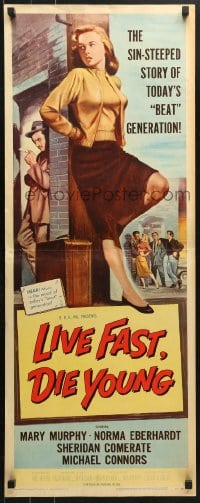 4y575 LIVE FAST DIE YOUNG insert 1958 classic artwork image of bad girl Mary Murphy on street corner!