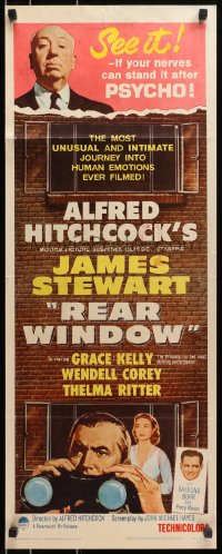 4y633 REAR WINDOW insert R1962 Alfred Hitchcock, art of voyeur Jimmy Stewart & sexy Grace Kelly!