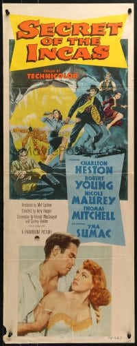4y642 SECRET OF THE INCAS insert 1954 Charlton Heston in South America, cool action artwork!