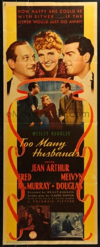 4y667 TOO MANY HUSBANDS insert 1940 Jean Arthur between Fred MacMurray & Melvyn Douglas!