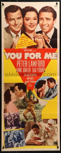 4y686 YOU FOR ME insert 1952 should Jane Greer marry Peter Lawford or Gig Young, money or love?