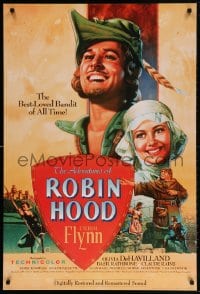 4z509 ADVENTURES OF ROBIN HOOD 1sh R1989 great Rodriguez art of Errol Flynn & Olivia De Havilland!