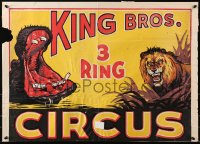 4z007 KING BROS. 3 RING CIRCUS 20x28 circus poster 1950s wonderful artwork of hippo and lion!