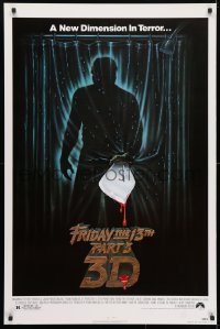 4z664 FRIDAY THE 13th PART 3 - 3D 1sh 1982 slasher sequel, art of Jason stabbing through shower!