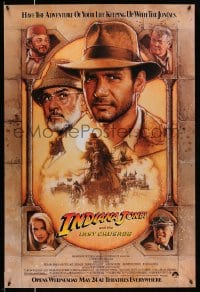 4z729 INDIANA JONES & THE LAST CRUSADE advance 1sh 1989 Ford/Connery over a brown background by Drew