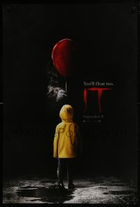 4z736 IT teaser DS 1sh 2017 creepy image of Pennywise handing child balloon, you'll float too!
