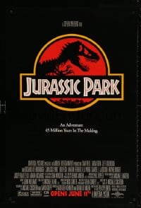 4z740 JURASSIC PARK advance 1sh 1993 Steven Spielberg, classic logo with T-Rex over red background