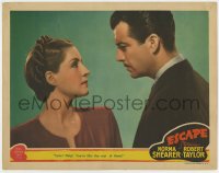 5b361 ESCAPE LC 1940 great close up of pretty Countess Norma Shearer telling off Robert Taylor!