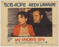 5b616 MY FAVORITE SPY LC #8 1951 close up of Bob Hope & sexy Hedy Lamarr hiding in barrel!