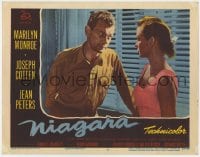 5b626 NIAGARA LC #2 1953 great close up of Joseph Cotten looking at pretty Jean Peters!