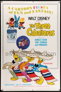 5c489 THREE CABALLEROS 40x60 R1977 Disney, cartoon art of Donald Duck, Panchito & Joe Carioca!