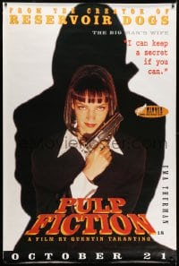 5c182 PULP FICTION advance English 40x60 1994 Quentin Tarantino, portrait of sexy Uma Thurman w/gun!