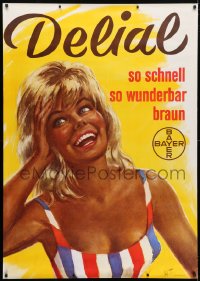 5c354 BAYER 36x50 Swiss advertising poster 1950s gorgeous woman, so fast, so wonderfully tan!