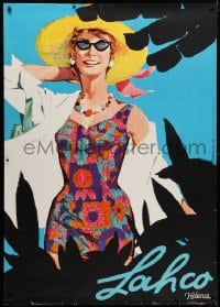 5c398 LAHCO 36x50 Swiss advertising poster 1962 Deville art of woman in a colorful swimsuit & hat!