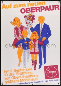 5c404 OBERPAUR 33x47 German advertising poster 1960s art of a happy family on their way to store!