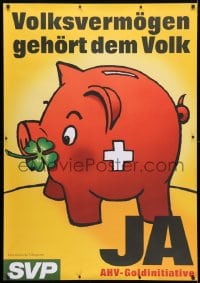 5c227 SWISS PEOPLE'S PARTY 35x50 Swiss political campaign 2002 piggy bank with clover and cross!