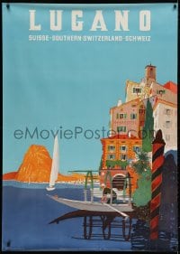 5c213 LUGANO 36x50 Swiss travel poster 1952 cool art of the village of Gandria by Daniele Buzzi!
