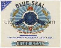 5d168 BLUE SEAL 7x9 cigar box label 1920s cool logo art with embossed gold foil, for men who know!
