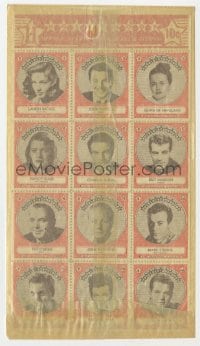 5d041 HOLLYWOOD STAR STAMPS 4x8 stamp sheet 1947 Lauren Bacall, Orson Welles & more!