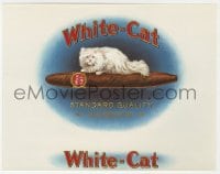5d217 WHITE CAT 7x9 cigar box label 1920s white cat laying on cigar w/embossed gold foil lettering!