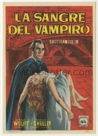 5d446 BLOOD OF THE VAMPIRE Spanish herald 1966 different art of Wolfit carrying Barbara Shelley!
