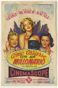 5d633 HOW TO MARRY A MILLIONAIRE Spanish herald 1954 Soligo art of Marilyn Monroe, Grable & Bacall!