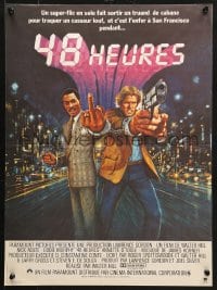 5f857 48 HRS. French 15x21 1983 Bysouth art of Nick Nolte w/gun & Eddie Murphy giving the finger!