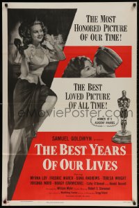 5g543 BEST YEARS OF OUR LIVES 1sh R1954 Dana Andrews hugs Teresa Wright, sexy Virginia Mayo!