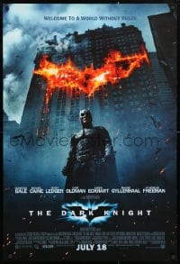 5g609 DARK KNIGHT int'l advance DS 1sh 2008 Christian Bale as Batman in front of burning bat symbol!