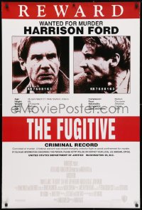5g667 FUGITIVE recalled int'l 1sh 1993 Harrison Ford is on the run, cool wanted poster design!