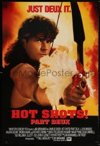 5g702 HOT SHOTS PART DEUX int'l 1sh 1993 Charlie Sheen as Rambo w/bow & chicken arrow, Just deux it!