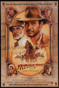 5g715 INDIANA JONES & THE LAST CRUSADE advance 1sh 1989 Ford/Connery over a brown background by Drew