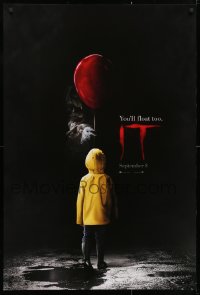 5g724 IT teaser DS 1sh 2017 creepy image of Pennywise handing child balloon, you'll float too!