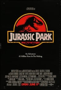 5g730 JURASSIC PARK advance 1sh 1993 Steven Spielberg, classic logo with T-Rex over red background