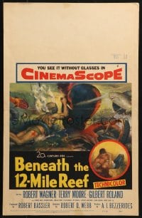 5h028 BENEATH THE 12-MILE REEF WC 1953 cool art of scuba divers fighting octopus & shark!