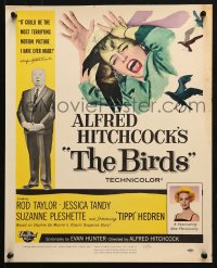 5h031 BIRDS WC 1963 director Alfred Hitchcock shown, Tippi Hedren, classic intense attack artwork!