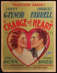 5h051 CHANGE OF HEART WC 1934 artwork of Manhattan sweethearts Janet Gaynor & Charles Farrell!