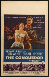 5h070 CONQUEROR WC 1956 John Wayne as barbarian Genghis Khan grabs half-dressed sexy Susan Hayward!