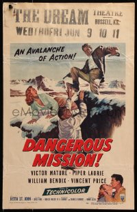 5h078 DANGEROUS MISSION WC 1954 Victor Mature, Piper Laurie, an avalanche of action!