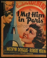 5h220 I MET HIM IN PARIS WC 1937 Claudette Colbert, Melvyn Douglas, Young, Eiffel Tower art, rare!
